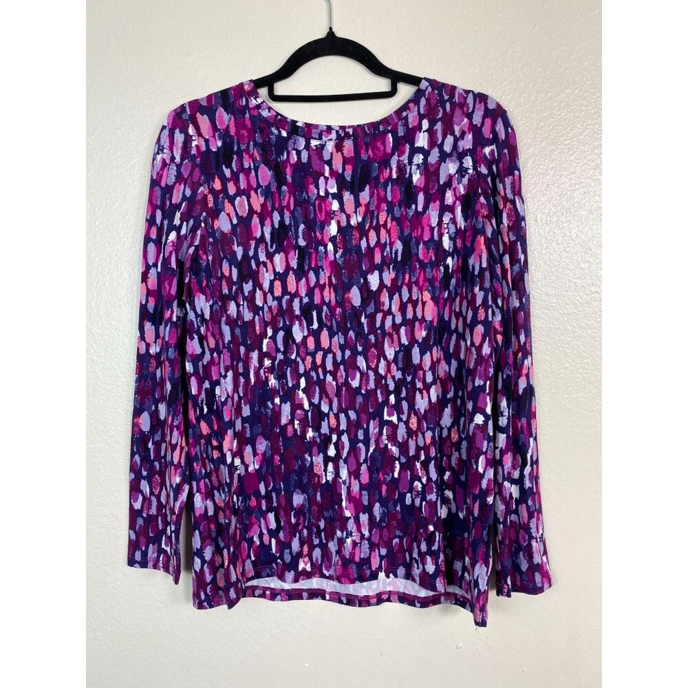 Chicos Womens Purple Abstract Long Sleeve Top‎ Size Medium Liquid Knit Stretch